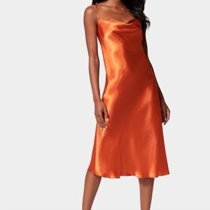 BeBe SATIN COWL NECK SLIP MIDI DRESS in Rust, Size Medium